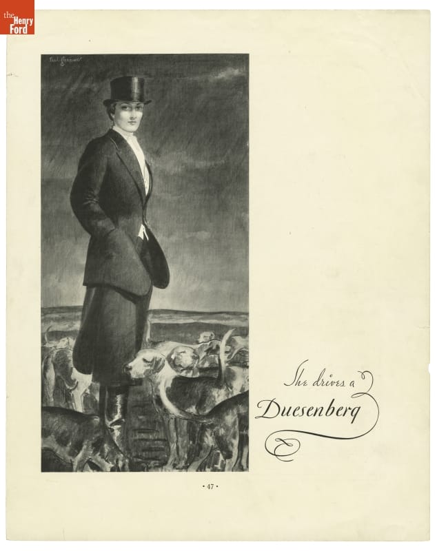 Woman in horseriding ensemble among dogs, with text reading "She drives a Duesenberg"