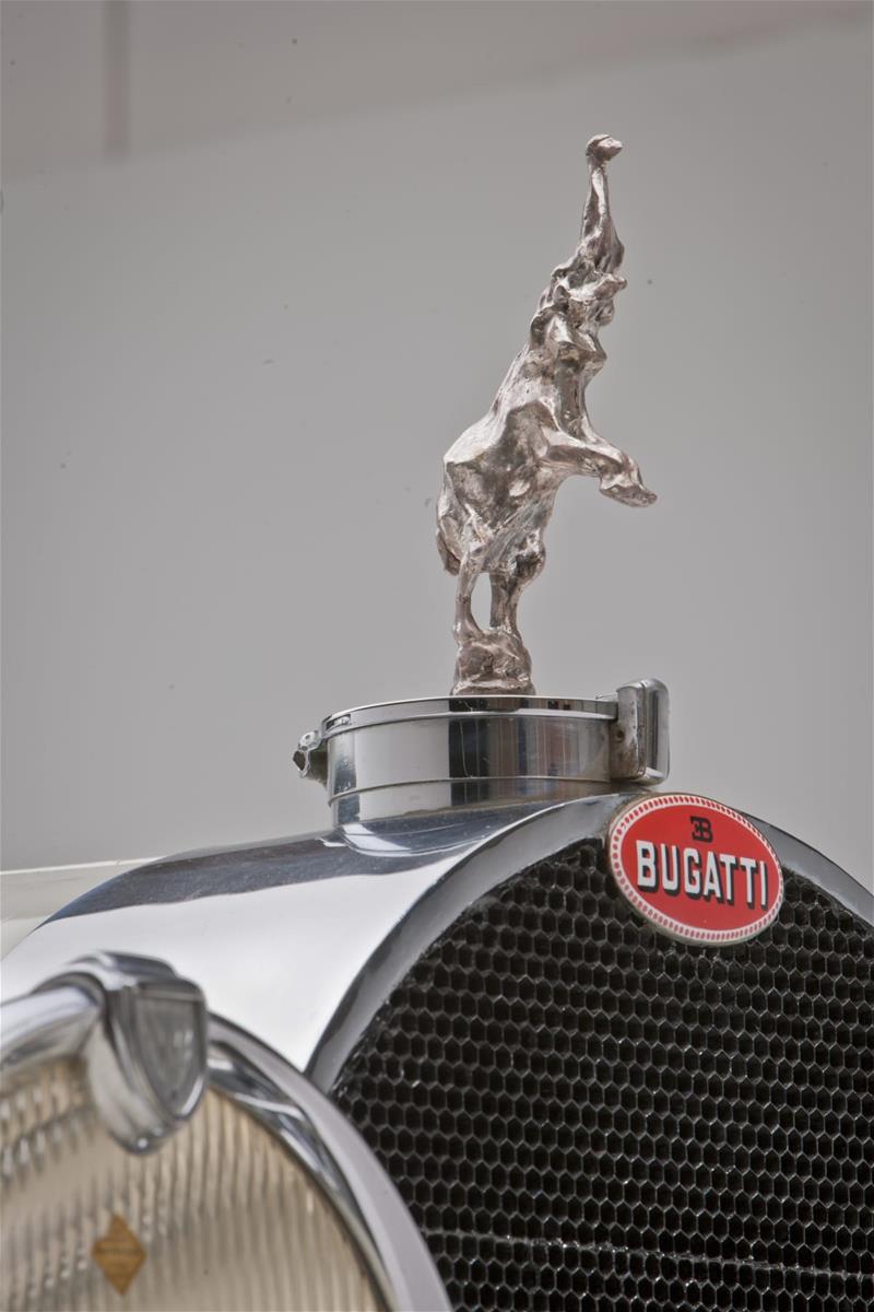 Silver hood ornament of elephant standing on his back legs on car hood; black grille and headlight visible