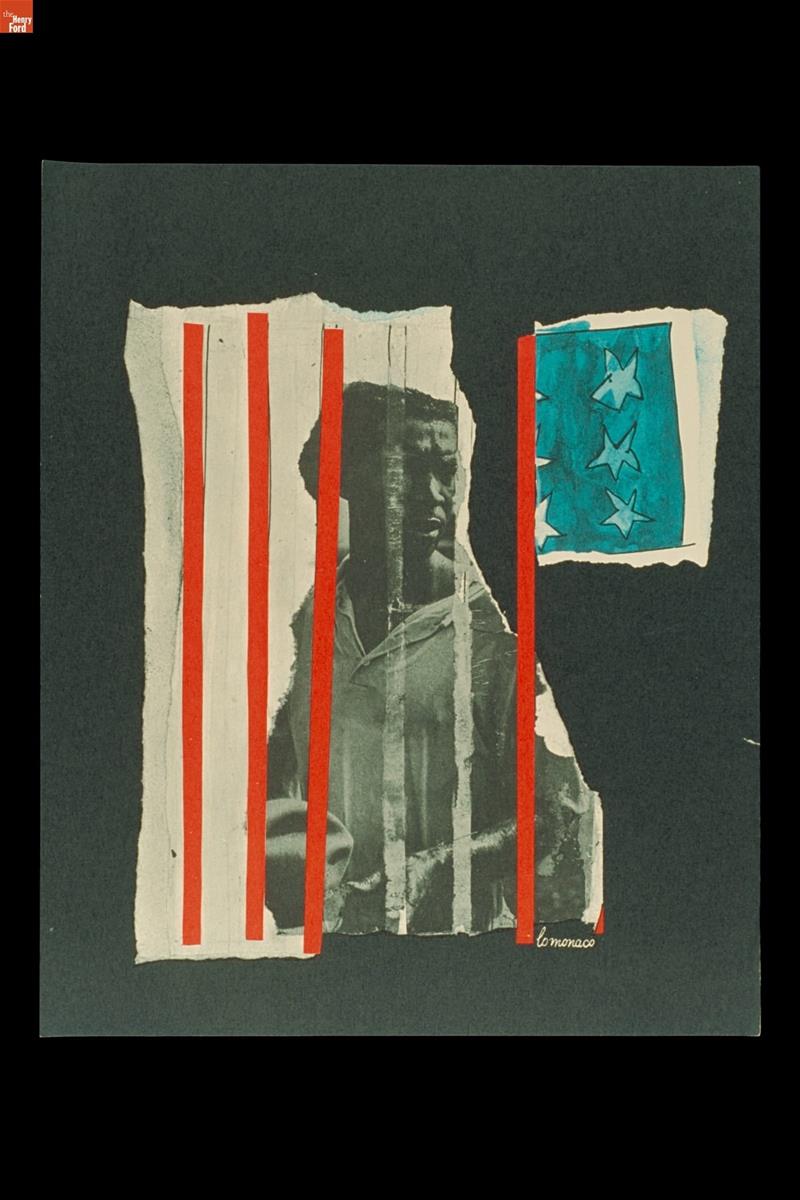 We Shall Overcome! A Jail Can Only Hold a Man's Body - His Mind and Heart Remain Free, 1963 Print with image of Black man behind red bars with blue and white stars nearby
