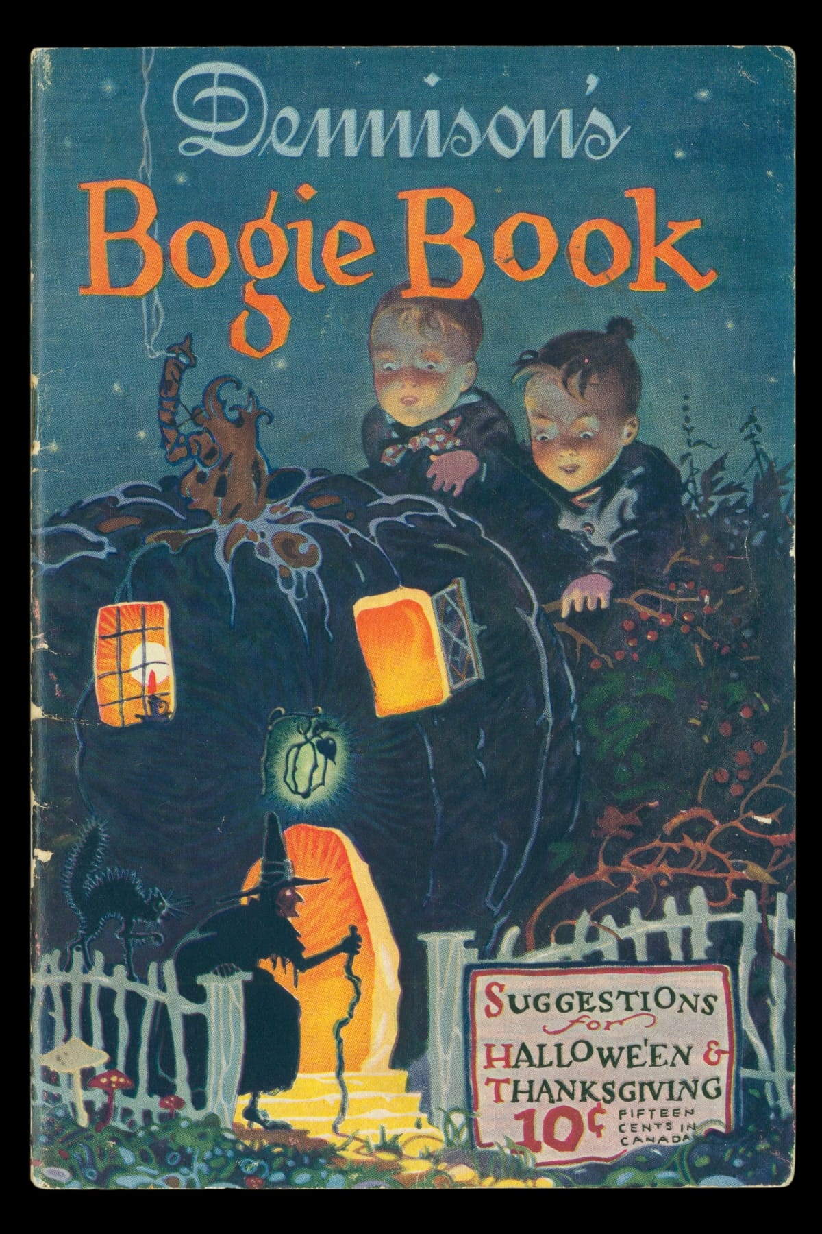 Dennison's Bogie Book: Suggestions for Halloween & Thanksgiving, circa 1925 Two children look at a black pumpkin house with Halloween symbols nearby and text