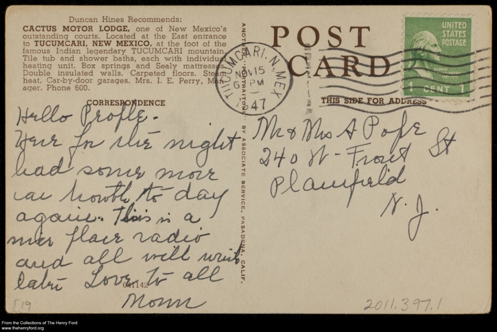 Tourist Court postcard back - 1947 from the Collections at The Henry Ford