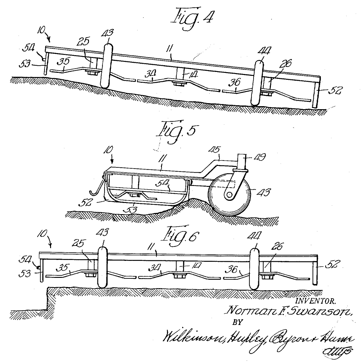 Multiple cutter power mower patent drawing Technical drawing of equipment parts with numbers and labels